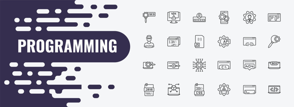 programming outline icon set. linear vector for ui, web and mobile. thin line program error, login, seo management icons.