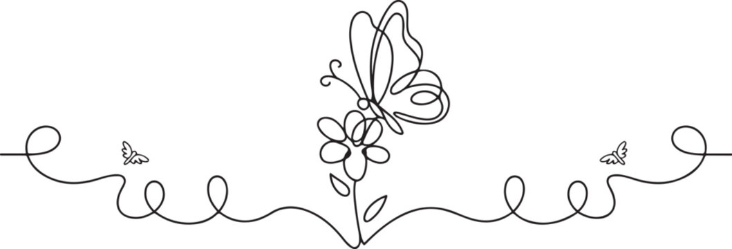 One continuous line drawing of butterfly with flower. Thin curl border and flying wing symbol in simple linear style.one line vector illustration on white background