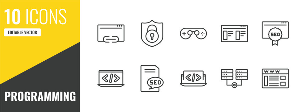 programming outline icon set. 10 linear vector for ui, web and mobile. thin line hyperlink, encryption, console icons.