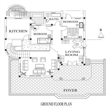 Detailed ground floor plan of a house with labeled rooms and areas