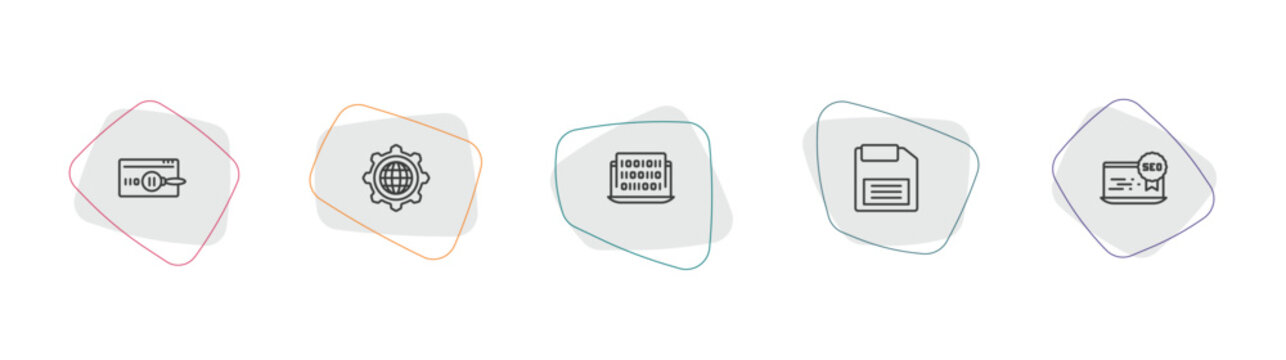 programming outline icon set. linear vector for ui, web and mobile. thin line code review, cyberspace, binary code icons.