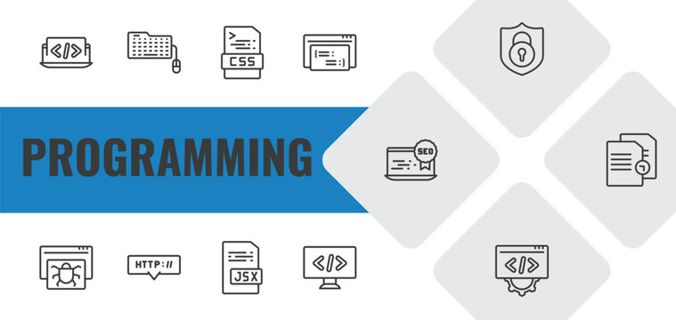 programming outline icon set. linear vector for ui, web and mobile. thin line coding, keyboard and mouse, css icons.