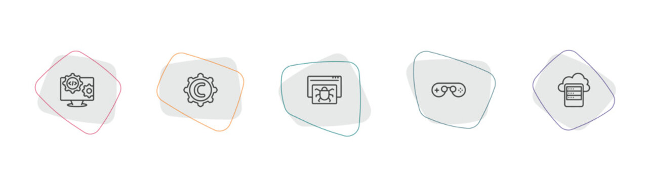 seo outline icon set. linear vector for ui, web and mobile. thin line engineering, copyright, bug report icons.