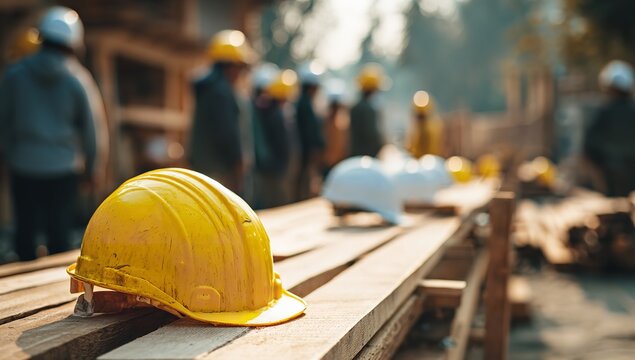A bright yellow hard hat rests on a rough wooden plank at a sun-drenched construction site with workers and structures in the background