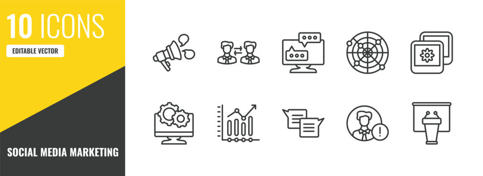 social media marketing outline icon set. 10 linear vector for ui, web and mobile. thin line announcement, partner, flats icons.
