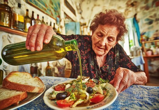 Spanish woman pours olive oil from green bottle onto Mediterranean food in a bright kitchen