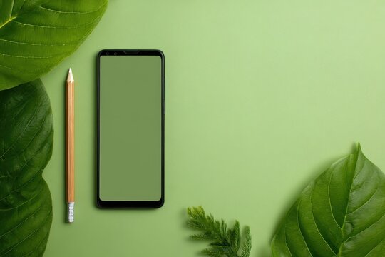 Clean desk flat lay featuring a smartphone and natural elements on a vibrant green surface
