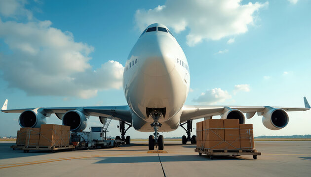 Large cargo airplane parked on airport tarmac with boxes loaded on pallets ready for transport. Freight plane awaits departure under blue sky with clouds. Global logistics and shipping.