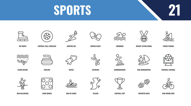 sports outline icon set. linear vector for ui, web and mobile. thin line football ball circular, fisher fishing, snowboarding icons.
