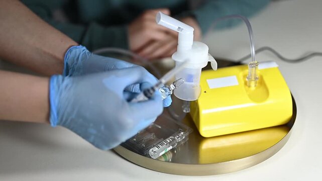 Healthcare Professional in Medical Gloves Preparing Liquid Medication for Inhalation