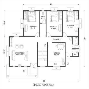 Ground floor plan of a modern house with three bedrooms and one bathroom