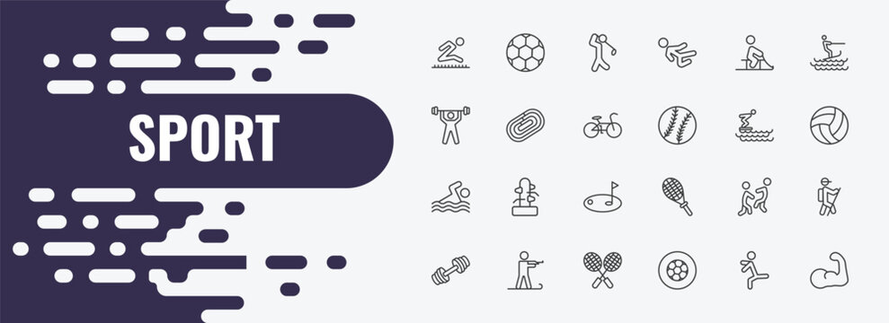 sport outline icon set. linear vector for ui, web and mobile. thin line soccer football ball, golf player, person riding on sleigh icons.