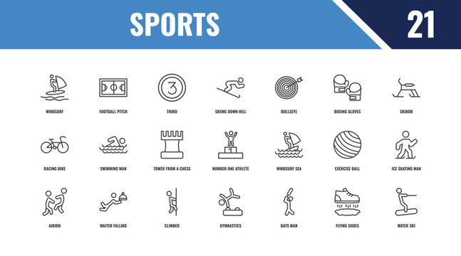 sports outline icon set. linear vector for ui, web and mobile. thin line football pitch, skibob, windsurf sea icons.