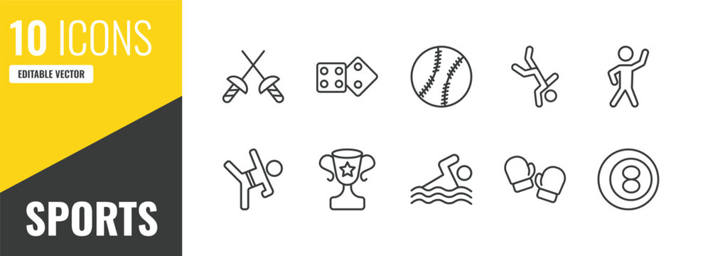 sports outline icon set. 10 linear vector for ui, web and mobile. thin line medieval fencing, board gaming, baseball icons.