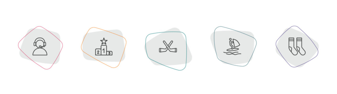 sports outline icon set. linear vector for ui, web and mobile. thin line commentator, podium, hockey icons.