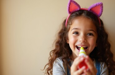 Fototapeta premium Smiling young girl with cat ears headband plays party horn. She celebrates birthday indoors with joy and happiness. Child makes noise, happy kid.