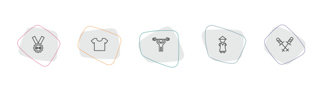 sports outline icon set. linear vector for ui, web and mobile. thin line weight lifting medal, short sleeves, weight lifting icons.