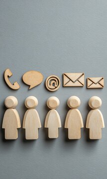 A row of wooden peg people is topped by various communication icons like a phone mail and chat bubble on a grey background