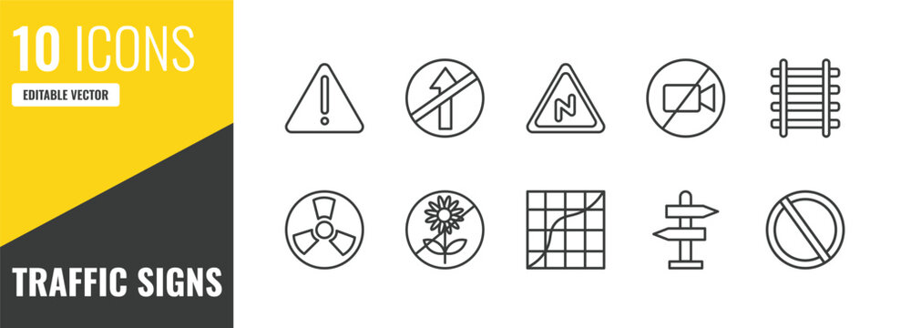 traffic signs outline icon set. 10 linear vector for ui, web and mobile. thin line danger, no straight, right reverse bend icons.
