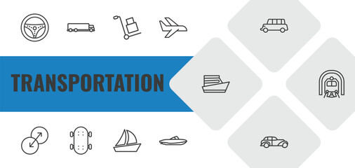 transportation outline icon set. linear vector for ui, web and mobile. thin line steering, truck, carrier icons. © Farahim