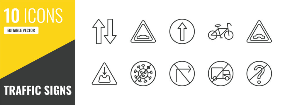 traffic signs outline icon set. 10 linear vector for ui, web and mobile. thin line two ways, hump, ahead only icons.