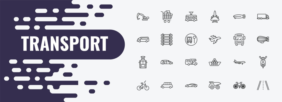 transport outline icon set. linear vector for ui, web and mobile. thin line cart with boxes, trolleybus, dirigible icons.