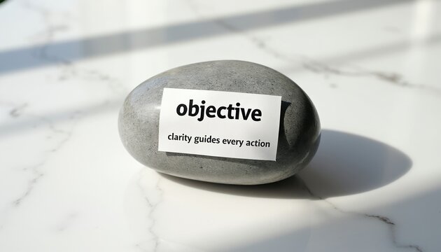 Smooth grey stone sits on marble surface. White paper sticker reads Objective clarity guides every action. Sunlight casts shadows on background. Concept about focus direction purpose.