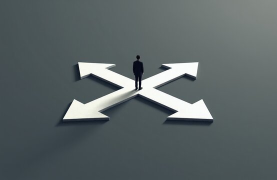 Man in suit stands at crossroads with four arrows pointing in different directions. Person faces choice or decision about future path, career, or strategy.