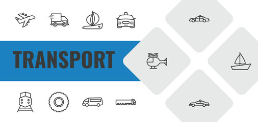 transport outline icon set. linear vector for ui, web and mobile. thin line planes, shipping and delivery, yawl icons. © Farahim