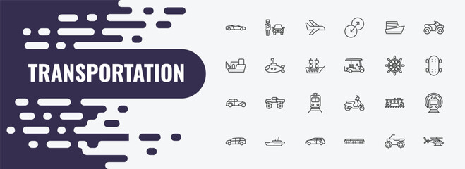 transportation outline icon set. linear vector for ui, web and mobile. thin line parking men, flights, yacht navigate icons. © Farahim