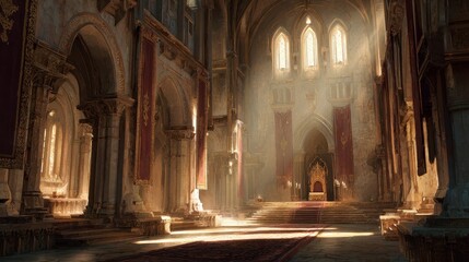 Fototapeta premium Grand medieval throne chamber in a sun-drenched hall, regal atmosphere and stonework details