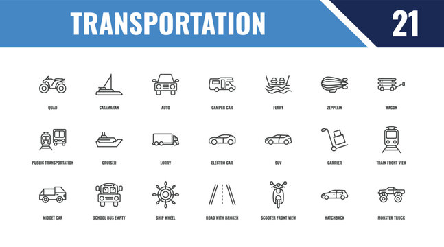 transportation outline icon set. linear vector for ui, web and mobile. thin line catamaran, wagon, suv icons.