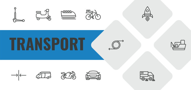 transport outline icon set. linear vector for ui, web and mobile. thin line micro scooter, scooter bike, bobsleigh icons.