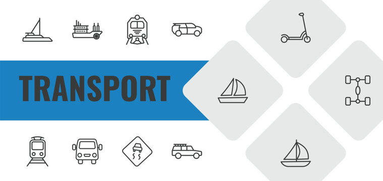 transport outline icon set. linear vector for ui, web and mobile. thin line catamaran, paddlewheeler, train front icons.