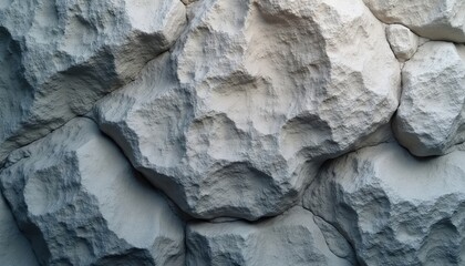 Fototapeta premium Close up view of rough stacked light gray stone wall. Natural rock texture pattern. Solid background with aged, worn surfaces, showing detail.