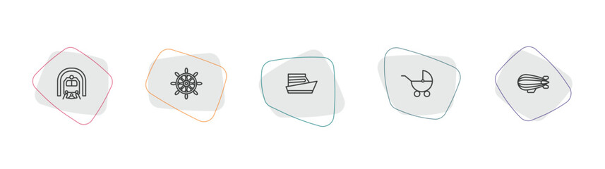 transportation outline icon set. linear vector for ui, web and mobile. thin line train in a tunnel, ship helm, yacht navigate icons. © Farahim