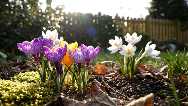 Springtime crocus flowers in bloom with dew drops in a garden under sunlight, springtime blooms