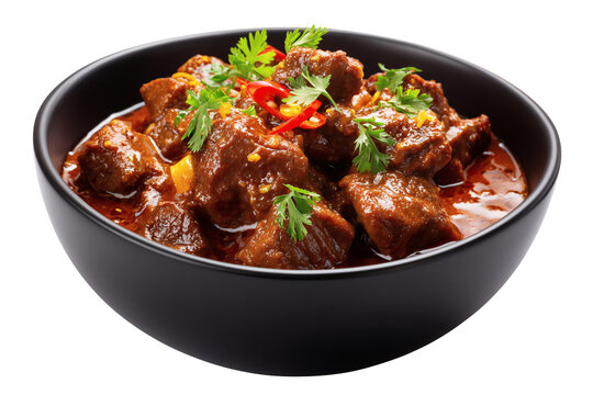 Lamb curry in a black bowl isolated on transparent or white background, png
