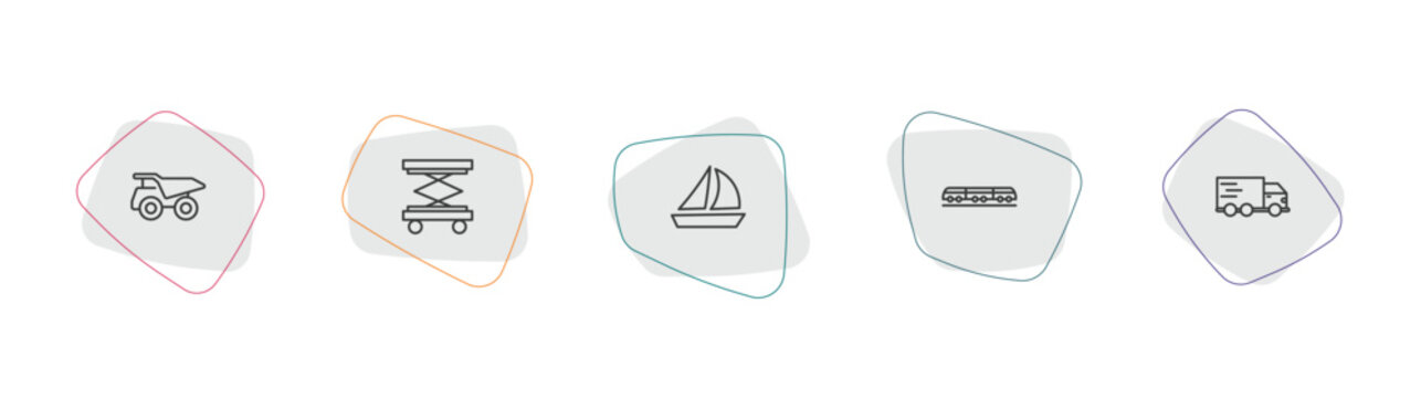 transport outline icon set. linear vector for ui, web and mobile. thin line haul, lifter, sailing boat with veils icons.