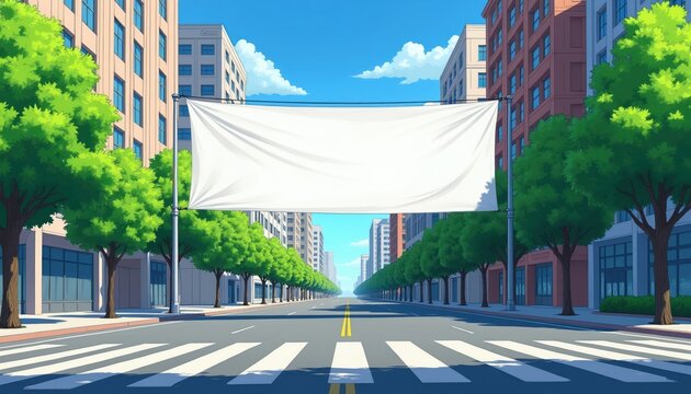 Blank white banner hangs over empty city street crossing lined with trees and buildings. This graphic illustrates a clear space for advertisements, announcements, or public messages.