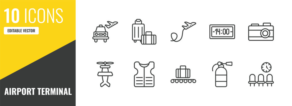 airport terminal outline icon set. 10 linear vector for ui, web and mobile. thin line airport taxi, trip luggage, plane flying icons.