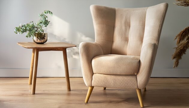a beige upholstered chair with a high back and wooden legs near a wooden table