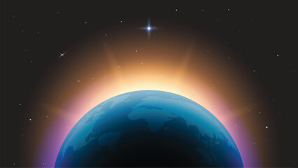 Earth Horizon in Space with Glowing Sunrise Light – Blue Planet, Starry Sky and Cosmic Galaxy Background, Futuristic Astronomy and Universe Vector Illustration © Jer