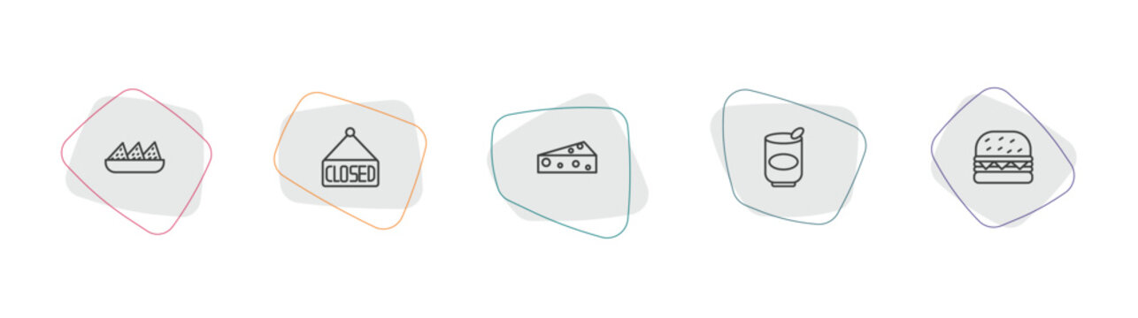 bistro and restaurant outline icon set. linear vector for ui, web and mobile. thin line nachos plate, closed, piece of cheese icons.