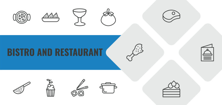 bistro and restaurant outline icon set. linear vector for ui, web and mobile. thin line paella with parwns, nachos plate, wide glass icons.