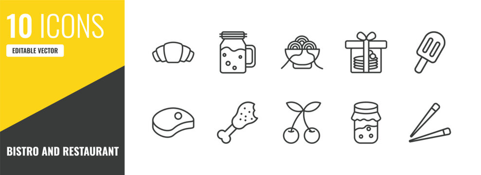 bistro and restaurant outline icon set. 10 linear vector for ui, web and mobile. thin line bakery croissant, drink jar, spaghetti bolognese icons.