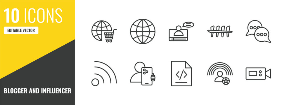 blogger and influencer outline icon set. 10 linear vector for ui, web and mobile. thin line shopping online, world, vlogger icons.