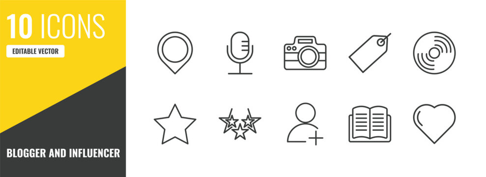 blogger and influencer outline icon set. 10 linear vector for ui, web and mobile. thin line placeholder, microphone, camera icons.