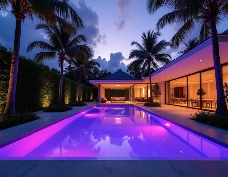 Modern tropical house with illuminated swimming pool at dusk. Palm trees surround luxury villa with exterior lights. Evening relaxation at elegant vacation home.