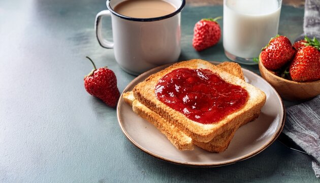 fresh toast with strawberry jam coffee and milk perfect for breakfast